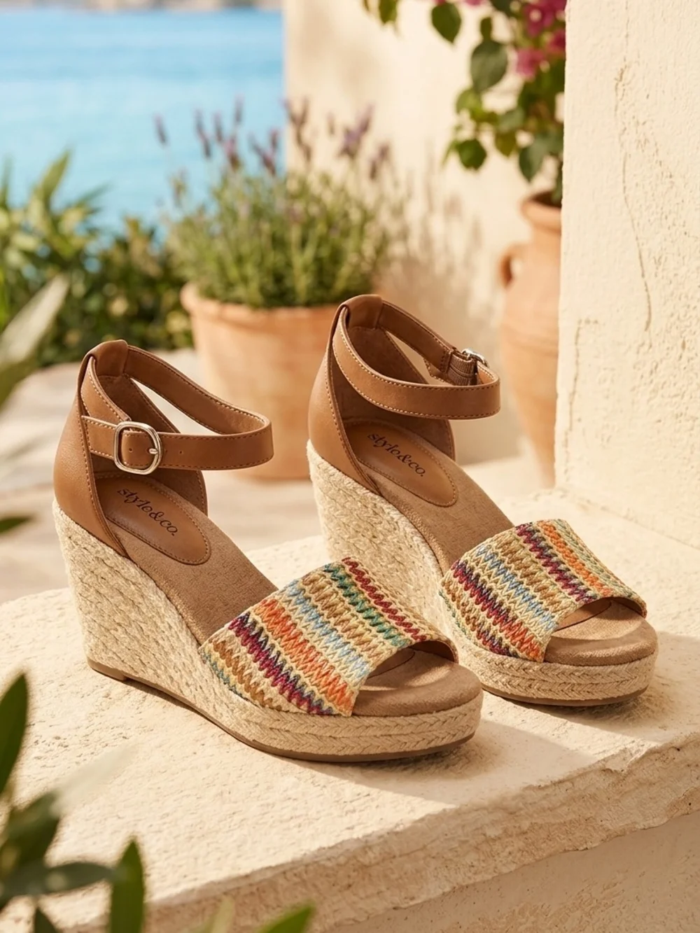 Style & Co. Tan Espadrille Wedge Sandals with Multi-Color Knit Band